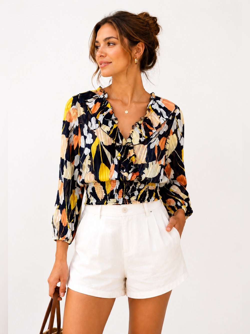Stem & Vine Ruffle V-Neck Printed Peasant Blouse - Multicolor